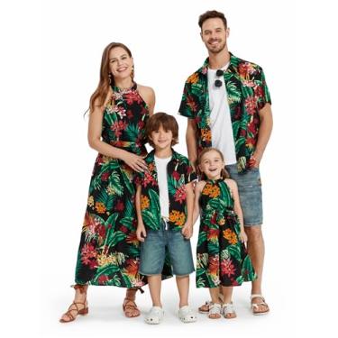 Imagem de PATPAT Roupas havaianas combinando para a família, vestidos para mamãe e eu, conjunto de combinação, vestido de verão e camisas com estampa floral tropical, Floral preto, 6-9 Meses