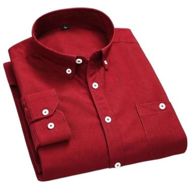 Imagem de WOLONG Camisa masculina de veludo cotelê algodão primavera outono slim fit branco azul preto inteligente camisa casual masculina lisa manga longa, Vermelho, M
