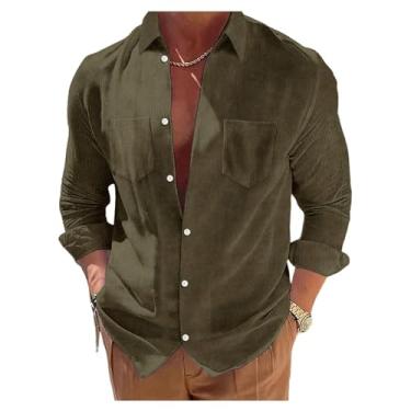 Imagem de Camisas casuais masculinas de veludo cotelê manga comprida com bolso abotoado lapela gola camisetas de negócios, Verde militar, M