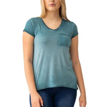 Imagem de Cable & Gauge Vestuário feminino gola V pigmento tingido e lavagem a óleo bolso camiseta com bainha Hi-Low, azul-petróleo viridiano, P