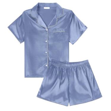 Imagem de LYANER Pijama feminino de cetim e seda, manga curta, botão, conjunto com shorts, pijama pijama, Azul empoeirado, GG