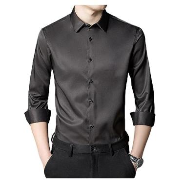 Imagem de Camisa social masculina elástica gola lapela manga longa camisa formal seda não passar a ferro, Cor 2, P