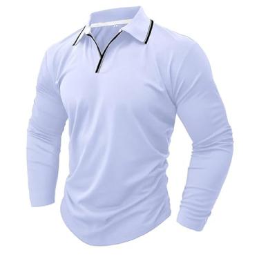 Imagem de Camiseta polo outono e inverno nova gola V cor sólida camisa polo para homens comércio exterior manga longa, Branco, XXG