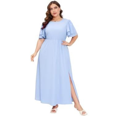 Imagem de ShopWonder Vestido longo feminino plus size, gola redonda, babados, manga curta, cintura alta, dividido, verão, casual, com bolsos, Azul claro, 3G
