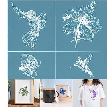 Imagem de Alinacutle 4 peças de estêncil de serigrafia de flor e beija-flor, impressão de tela de seda autoadesiva reutilizável, para impressão em madeira/tecido/papel, decoração de casa, 21,6 cm x 28 cm