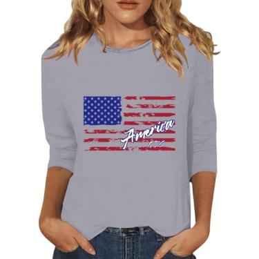 Imagem de Camisetas femininas com bandeira americana de verão 4 de julho camisetas de manga 3/4 Land of the Free Tops Patriotic Memorial Day, Cinza, 5G