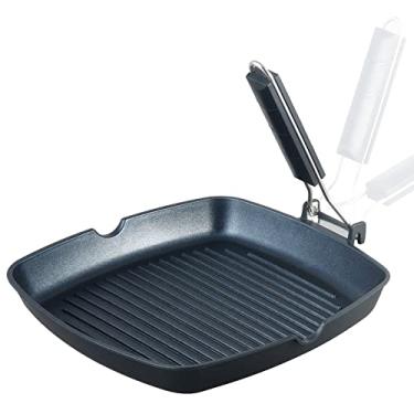 Imagem de Frigideira antiaderente SKITCHN com alça dobrável – assadeira KBBQ compatível com indução para fogão, churrasqueira quadrada interna com bicos de despejo – 28 cm