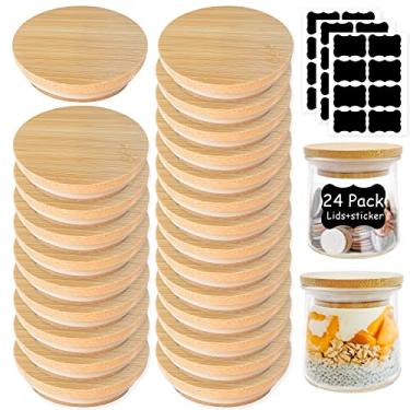 Imagem de Tampas de pote de iogurte Oui – Pacote com 24 tampas Oui – Madeira de bambu natural com anel de vedação de silicone e etiqueta de pote de iogurte Oui para potes de iogurte Oui de 142 ml.