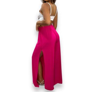 Imagem de Calça Pantalona Feminina com Fenda Lateral Cintura Alta Viscolycra - U