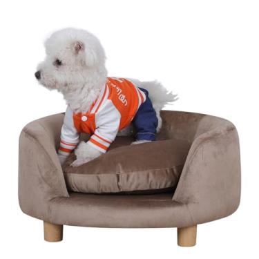 Imagem de Sofá para gatos, cadeira de cachorro, cama para cães pequenos e filhotes - moldura de madeira, tecido de veludo, almofada lavável, sofá confortável para gatos pequenos (marrom)