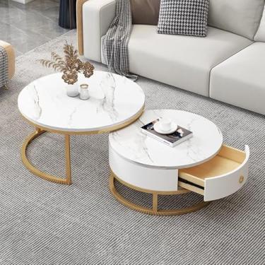 Imagem de Conjunto de 2 mesas de centro redondas, conjunto de mesa lateral com armazenamento de gaveta, mesa de sofá com textura de mármore ardósia, moldura de metal, mesa de chá moderna para quarto, sala de