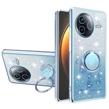 Imagem de MRRSIWEI Capa para Xiaomi Redmi K80 para mulheres e meninas, capa à prova de choque com flores brilhantes e brilhantes com suporte de anel para Xiaomi Redmi K80. Flores azuis