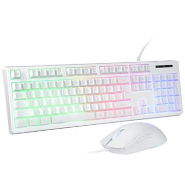 Imagem de HUO JI Teclado E Mouse Para Jogos Com Fio, Retroiluminação Led Arco-Íris, Teclado De Membrana Anti-Ghosting Resistente À Água Com 25 Teclas E 104 Teclas, Mouse Rgb De 1200-3600 Dpi Para Pc/Xbox/Ps4