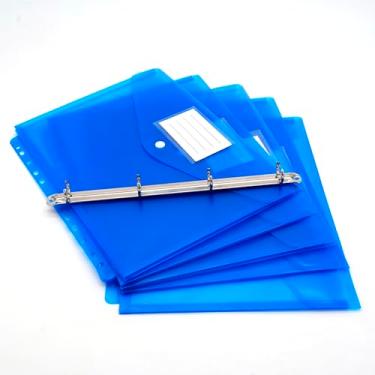 Imagem de Pacote com 5 pastas de arquivos de documentos de envelopes de plástico transparente com fichário recarregável, tamanho A4, com bolso para etiqueta e botão de pressão (azul)