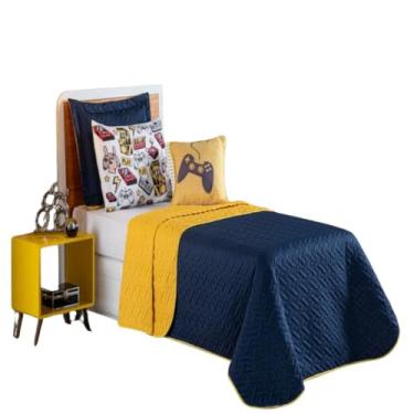 Imagem de Colcha Cobre Leito Jogo Roupa Cama Solteiro 5 Peças Matelado Dupla Face Quarto Criança Menino Game Marinho