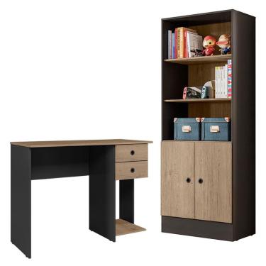 Imagem de Mesa Escrivaninha 4115 e Armário Gamer 4095 Preto Fosco Carvalho toq Rústico – Qmovi