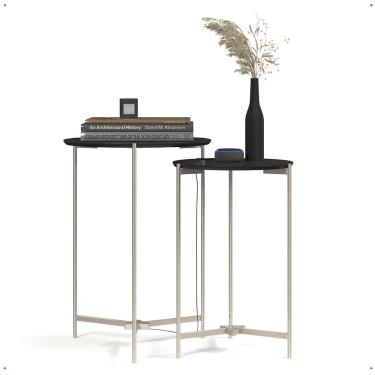 Imagem de Kit 2 Mesas Laterais Sofá Industrial Redonda Mesinhas Canto Prisma Tampo mdf Apoio Apar...