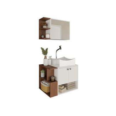 Imagem de Armario Moveis Para Banheiro Com Espelheira Torino Luxo Com Cuba Premium Gabinete Parede – Compacto, Funcional E Moderno Suspenso (Branco/Freijó)