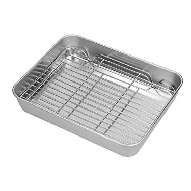 Imagem de Conjunto de Assadeira e Rack de Aço Inoxidável - Torrador Retangular de Fácil Limpeza para Cozinhar e Assar Saudáveis (26,5 * 20,5 * 5CM)