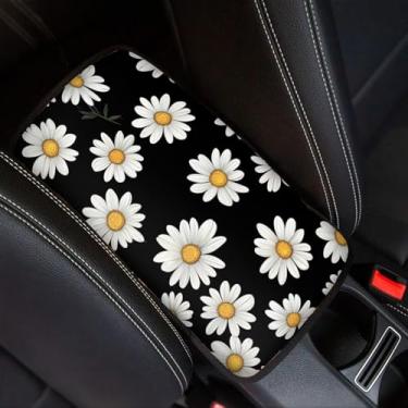 Imagem de TOADDMOS Capa para apoio de braço de carro Margarida branca de poliéster elástico almofada central para console de carro capa de caixa de assento de carro acessórios interiores de carro