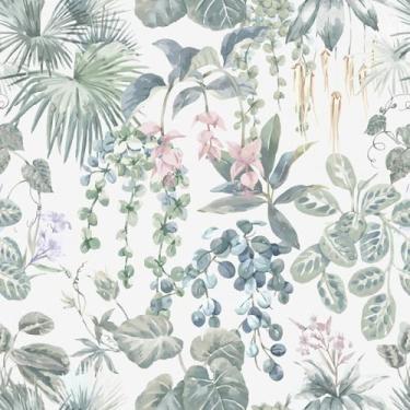Imagem de Ismoon Papel de parede adesivo branco e verde 43,9 x 350 cm selva tropical botânica folha de palmeira papel de contato removível autoadesivo para quarto, branco