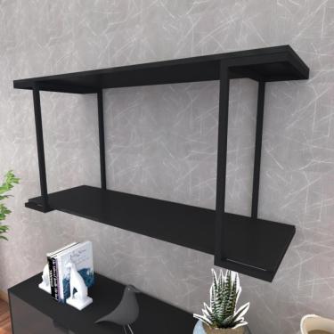 Imagem de Prateleira Industrial Suspensa Estante Parede Nicho Preto Ferro E Madeira Suporte Pratileira