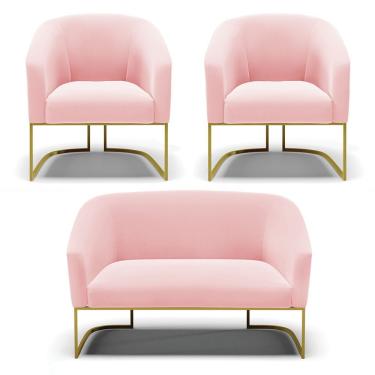 Imagem de Namoradeira E 2 Poltronas Base Industrial Dourado Stella Suede Rosa Bebê D03 - D'rossi