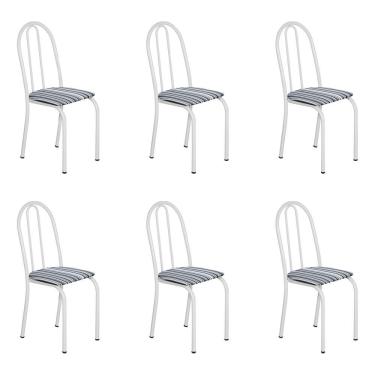 Imagem de Kit 6 Cadeiras De Cozinha Califórnia Estampado Preto Listrado Pés De Ferro Branco