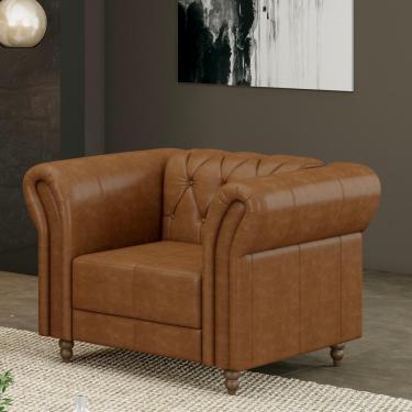 Imagem de Poltrona Decorativa Stanford Chesterfield Pés De Madeira Couro Mel Manchado G58 Gran Belo
