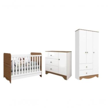 Imagem de Quarto De Bebê Completo C- Guarda-roupa 3 Portas 1 Cômoda E Berço Americano 3 Em 1 Ben Plus Móveis Peroba Branco-carvalho