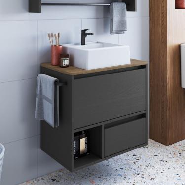 Imagem de Gabinete De Banheiro Suspenso 60cm Com 1 Nicho 1 Toalheiro 1 Porta E 1 Gaveta Com Cuba Mel Grafite