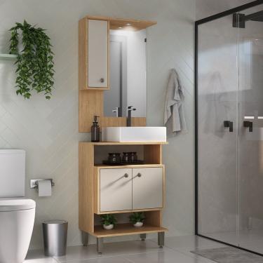 Imagem de Conjunto De Banheiro Gabinete 2 Porta Com Cuba De Sobrepor Espelheira 1 Porta Com Led Eleganza Carvalho Arenas