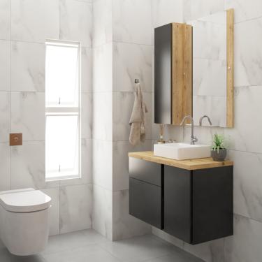 Imagem de Conjunto Para Banheiro Gabinete 80cm 1 Porta 2 Gavetas Castellon Com Cuba E Espelheira Preto