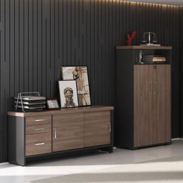 Imagem de Kit 2 Peças Com Balcão Organizador E Armário Multiuso 2 Portas Em Tamburato Para Escritório Charuto-preto