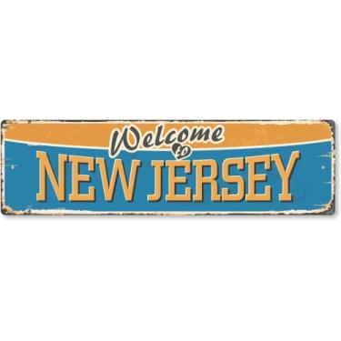 Imagem de SmartSign Placa de metal vintage Welcome to New Jersey State 10 x 35 cm, alumínio à prova de ferrugem de 40 mil com sobretudo transparente, decoração de parede retrô, multicolorido