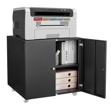 Imagem de Suporte de impressora de metal com armário de armazenamento de arquivos, armário de arquivo de impressora sobre rodas com porta e prateleira ajustável, suporte de mesa de impressora para escritório