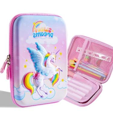 Imagem de Ristpal Estojo Para Meninos E Meninas, Bolsa Fofa Crianças, Porta-Canetas De Grande Capacidade Em Eva 3D, Material Escolar (Unicórnio Rosa)