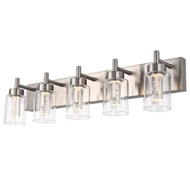 Imagem de VINLUZ Luminária De Banheiro Com 5 Luzes E Modos Cor, Parede Moderna Regulável Em Níquel Escovado Sobre Espelho, Cúpula Vidro Transparente Lâmpada Cristal (Lâmpadas Led Incluídas)