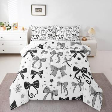 Imagem de Feelyou Conjunto de edredom com laço preto para crianças, solteiro, com laço delicado, para meninos e meninas, decoração de quarto de adolescentes, 2 peças