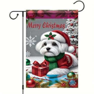 Imagem de Starlit Patio Feliz Natal bandeira de jardim cachorro terrier maltês natal inverno feriado bandeira 30,5 x 45,7 cm dupla face vertical gramado ao ar livre quintal decoração casa banner com árvore