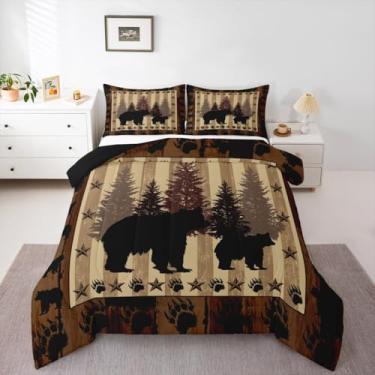 Imagem de jejeloiu Conjunto de edredom infantil Queen com urso, casa de fazenda, animais selvagens, patas rústicas, cabana de madeira, floresta ocidental, vida selvagem, edredom para decoração de quarto