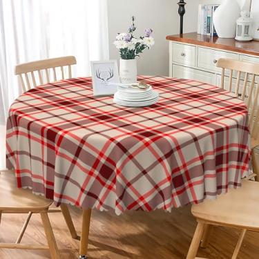 Imagem de Laeacco Toalha de mesa quadriculada redonda de 122 cm, toalha de mesa xadrez tartã vermelha escura, lavável, à prova d'água, sem vincos, para fazenda, cozinha, sala de jantar, piquenique, festa de