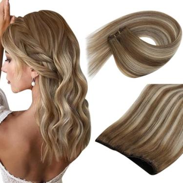 Imagem de Extensões de trama ensolarada com contas em extensões de cabelo castanho castanho misto platinado balayage micro extensões de trama cabelo loiro ombre marrom longo microcontas extensões de cabelo trançado 55,88 cm 50g