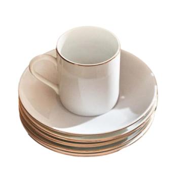 Imagem de Conjunto de 8 xícaras de café e pires, porcelana branca com borda dourada, 90 ml