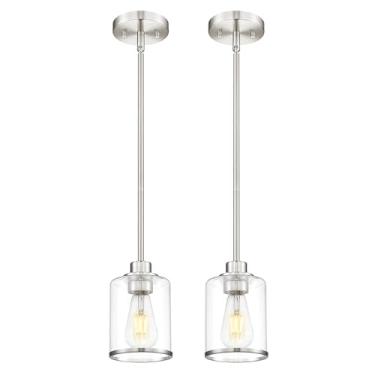 Imagem de Beionxii Pacote com 2 luzes pendentes de níquel escovado ilha de cozinha, luminárias suspensas com vidro transparente, iluminação pendente de cozinha sobre ilha, luzes suspensas para pia sala de