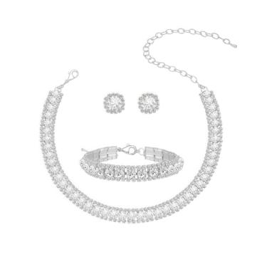 Imagem de Conjunto Colar Brinco Pulseira Choker Gargantilha Rivieira Zircônia Cúbica Dourado Prata Azul- Casamento Festa Formatura Debutante - Presente Noiva Namorada Mãe - Minimalista Elegante (Prateado)