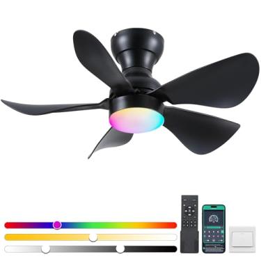 Imagem de Kviflon Ventiladores de teto com luzes e controle remoto/aplicativo, ventiladores de teto de perfil baixo de 76.2 cm com cores brancas reguláveis e iluminação RGB, 6 velocidades 5 lâminas curvas para