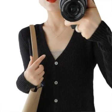 Imagem de Inverno Cashmere Cardigan Womens V-neck Outwear Curto Malha Cardigan Bottoming Camisa Solta Longo-manga Longa Camisolas, Black, S