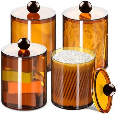 Imagem de XIPENGKEJI Pacote com 4 suportes Qtip, dispensador de frascos de boticário, potes de banheiro com tampas para cotonetes, bolas, almofadas, palhetas de fio dental, latas de plástico de 283 g e 340 g