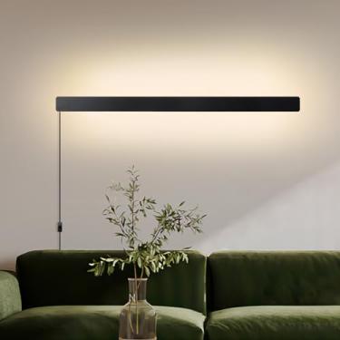 Imagem de KELUOLY Candeeiro de parede moderno plugado, 79.8 cm preto fosco LED Long Wall Sconce, 16W branco quente 3000K acrílico lâmpada de parede interna, com cabo plugue de 149.9 cm para quarto, sala de